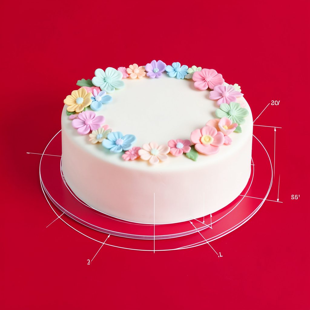 Gâteau recouvert de pâte à sucre lisse avec des fleurs décoratives en sucre, tons pastel doux